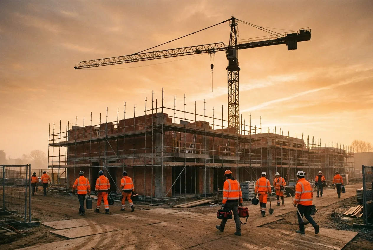 Werf bij zonsopgang met kraan en arbeiders in fluohesjes